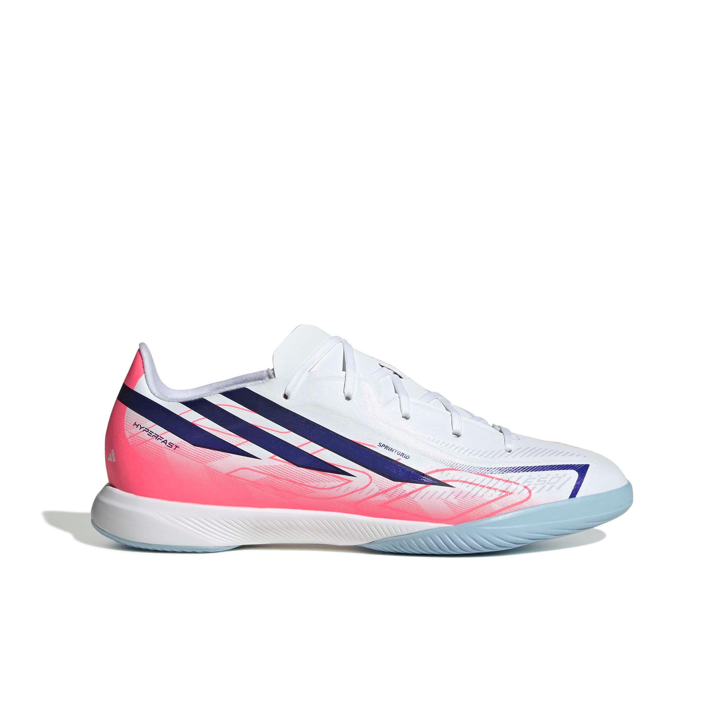 adidas F50 Hyperfast League IC "Ftwr White/Solar Purple/Solar Turbo" Grade School Kids' Soccer Shoe - WHITE/PURPLE/SOLAR